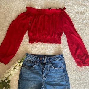 Red Off-Shoulder Long Sleeve Crop Top